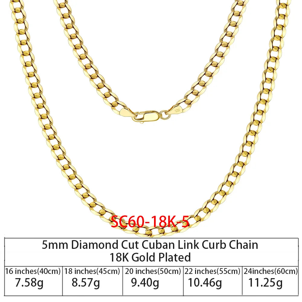 RINNTIN SC36 925 Sterling Silver Chains Hip Hop Jewelry 3.6/5/7mm Chunky Diamond-Cut Cuban Link Chain Necklace for Men Women