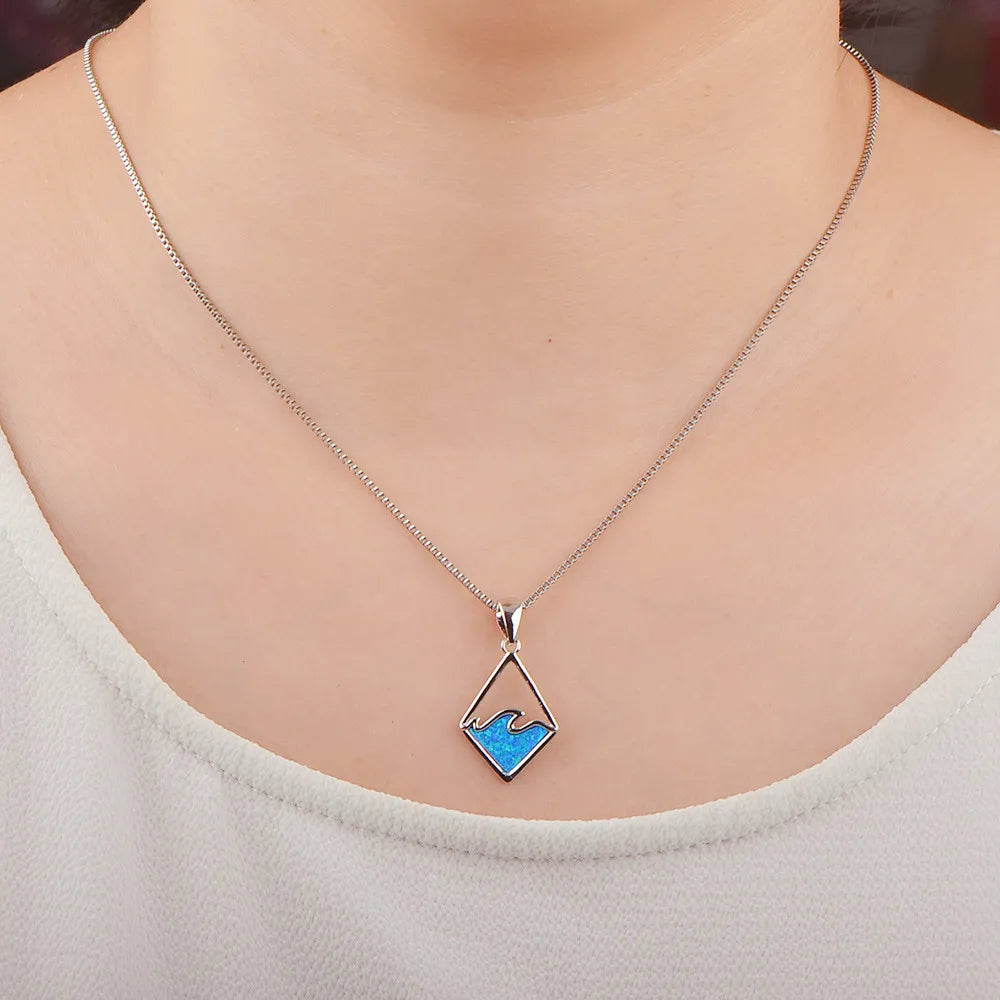Hawaiian Beach Wave Opal Necklace | Blue Gemstone Ocean Pendant Long Sweater Chain