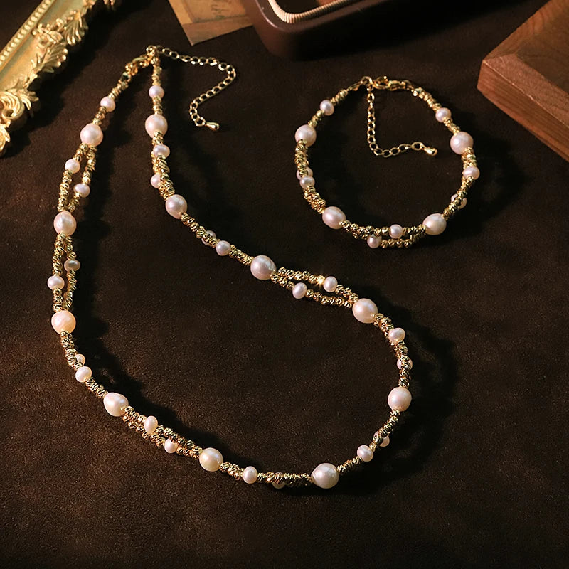 GLSEEVO Natural Freshwater Pearl & Twisted Gold Wire 2-Piece Jewellery Set — Necklace & Bracelet