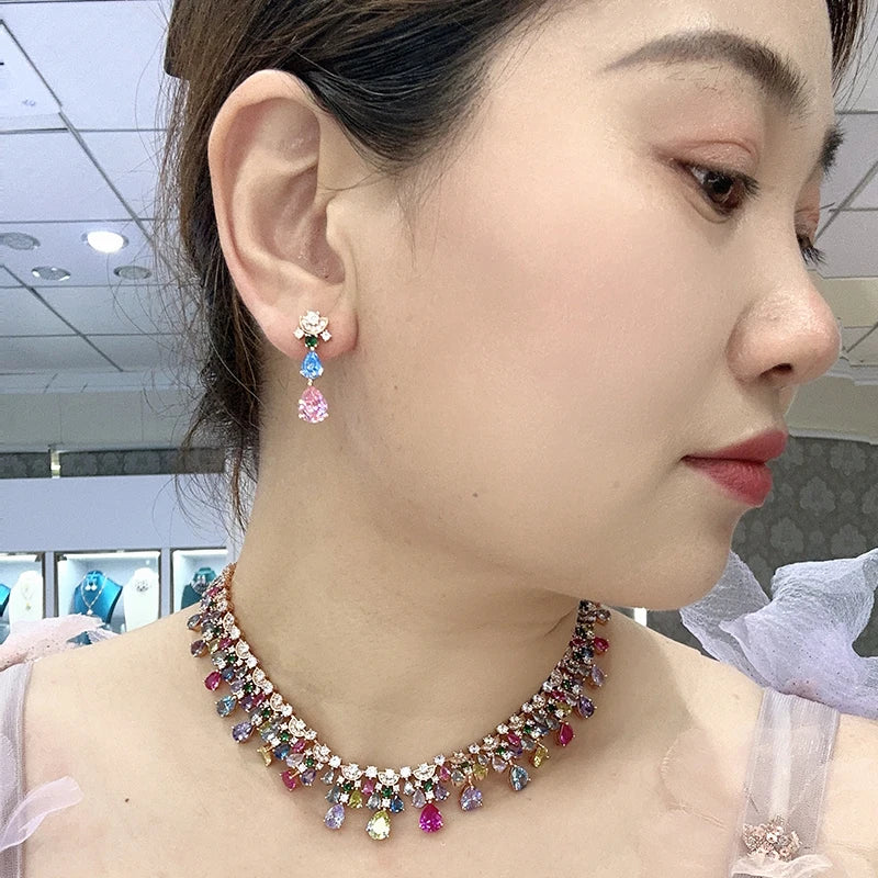 Retro Luxury Women's Fashionable rainbow Jewelry Necklace Earring Set Brass Cubic Zirconia Luxury Dinner Pairing