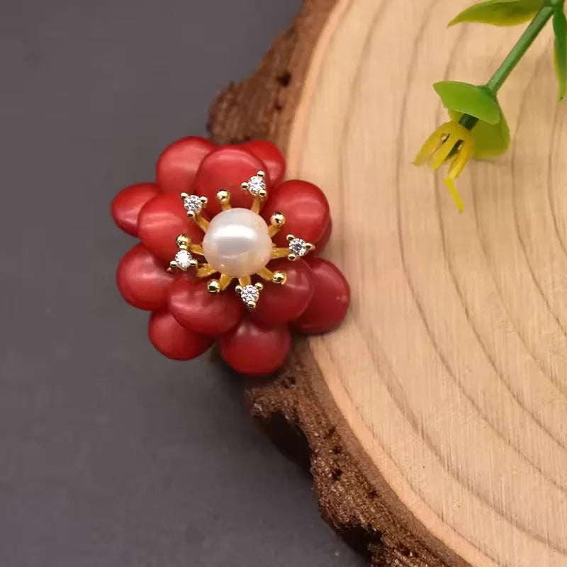 Red Coral Natural Pearls Fashion Accessories Set Fine Woman Ring Earrings Necklace Luxury Customized Jewelry Wedding