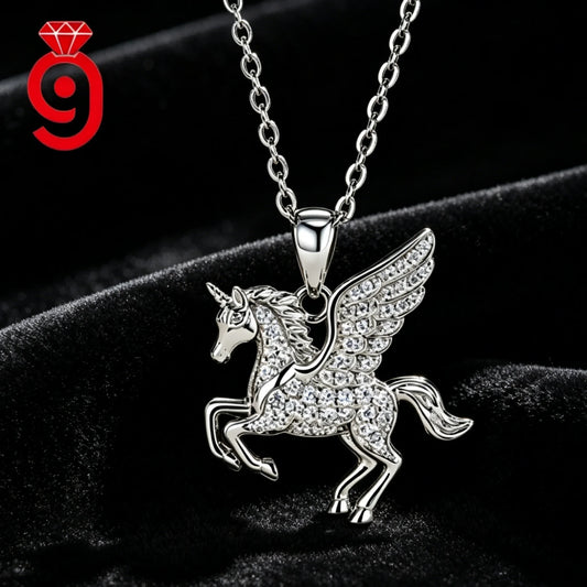 Romantic Full Pave Winged Unicorn S925 Silver VVS Round Brilliant Cut All Encrusted Dainty GRA Certified Moissanite Necklace