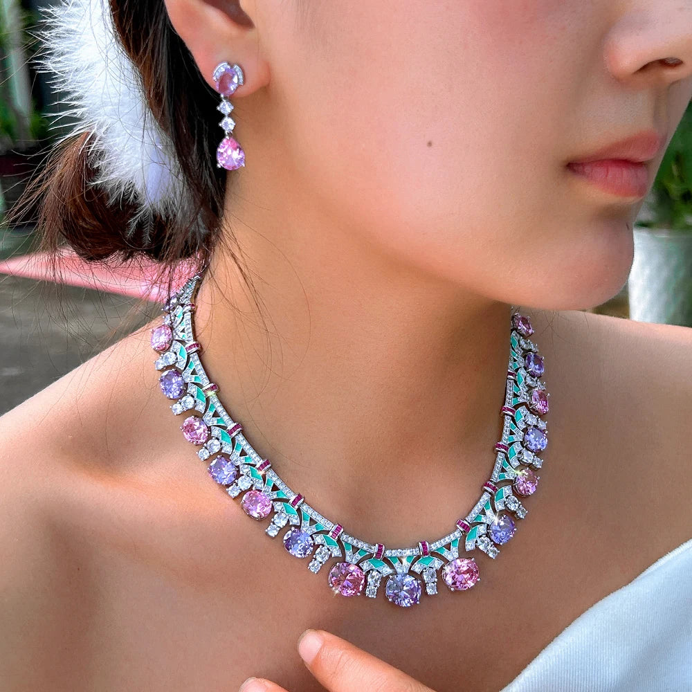 Graceful Pink and Purple Oval Cut Shape Cubuic Zirconia Green Enamel Statement Jewelry Set for Women Evening Prom Jewelry Gift