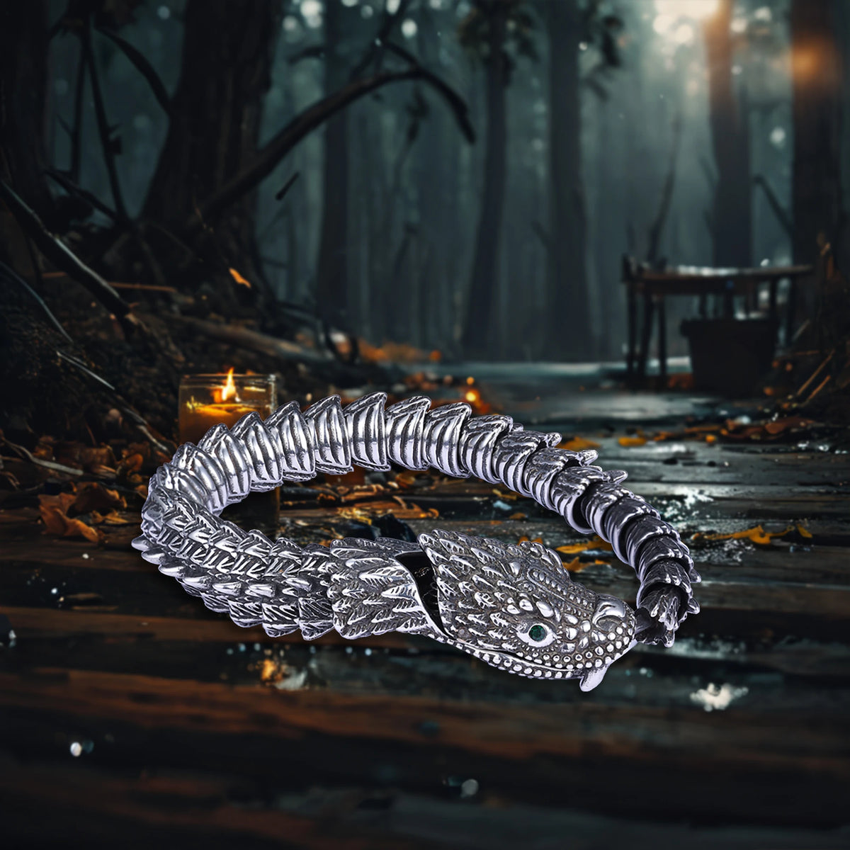 REBEL VIKING Snake Serpent CZ Bangle Bracelet – Stainless Steel Silver