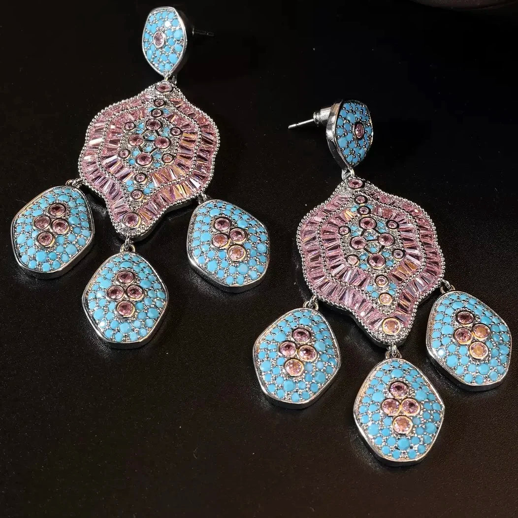 Bella Viva Vintage Pink and Blue Cubic Zirconia Necklace and Earring Sets, Platinum Plated Brass, Statement Jewelry for Party