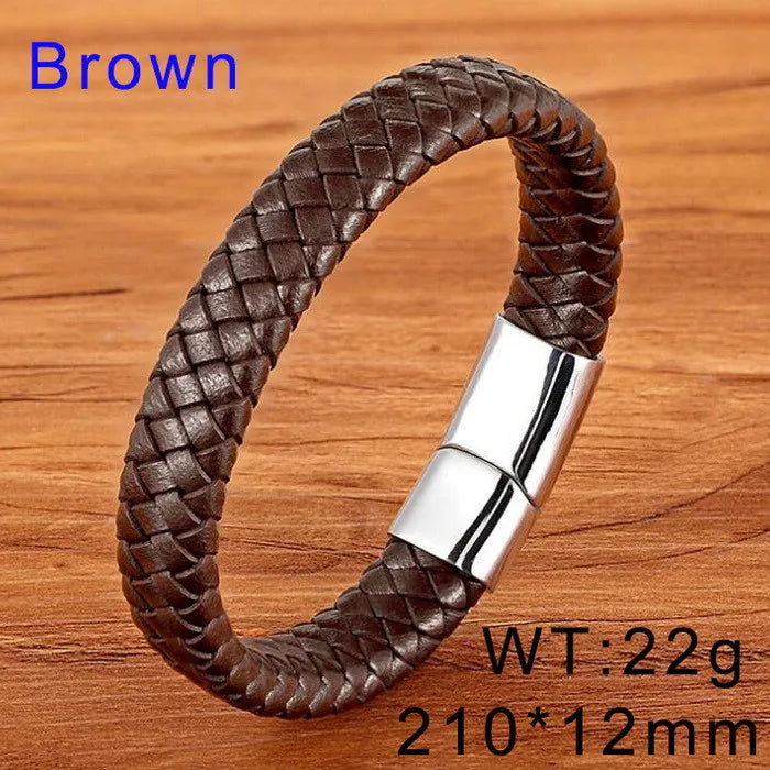 KALEN 13mm Width Men Mature Gold/Silver/Black Stainless Steel&Cowhide Leather Bracelet