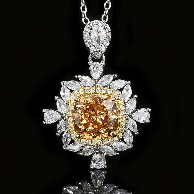 Gemfiori French Square Crystal Zircon Necklace Ring Jewelry Set Banquet Colorful Crystal Necklace Pendant