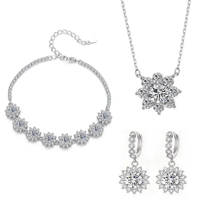 ArtistA European American S925 Silver Zircon VVS Moissanite Flower Earrings Necklace Three-piece High-end Jewelry Set for Women