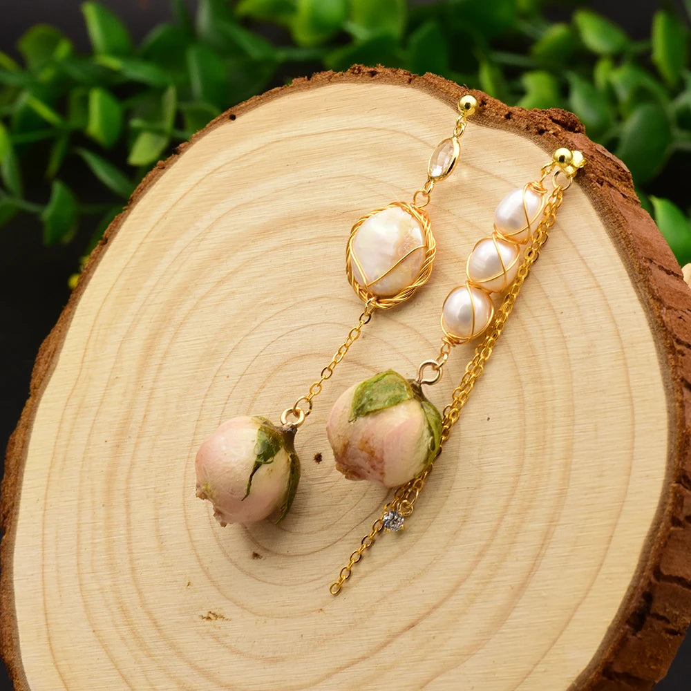GLSEEVO Natural Fresh Water Pearl Handmade Really Flower Drop Earrings For Women Asymmetrical Earrings Custom Jewellery GE0492