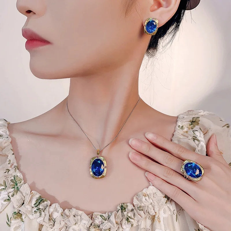 Gemfiori New Vintage Royal Amethyst Elegant Jewelry Cushion Cut Purple Gem Halo Pendant Necklace Earrings Ring Luxury Party Gifts for Her