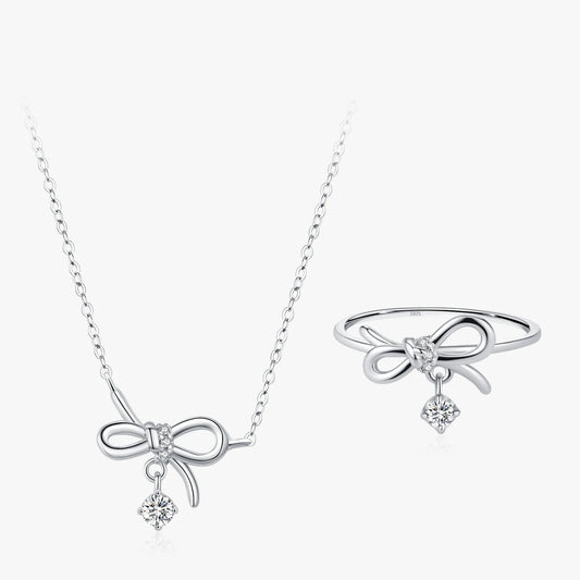 Ailmay 925 Sterling Silver Brilliant Bowknot Pendant Necklace Ring For Women Jewelry Set Birthday Anniversary Mothers Day Gifts
