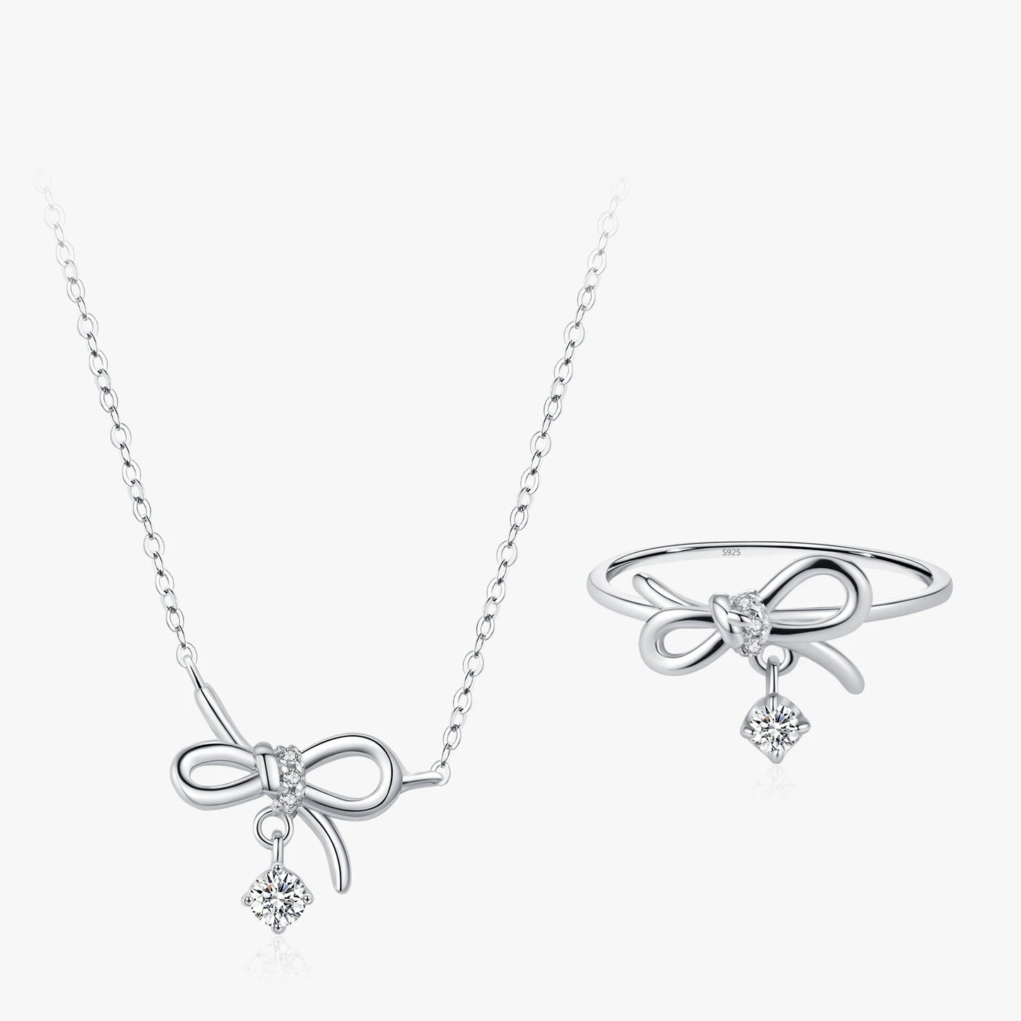 Ailmay 925 Sterling Silver Brilliant Bowknot Pendant Necklace Ring For Women Jewelry Set Birthday Anniversary Mothers Day Gifts