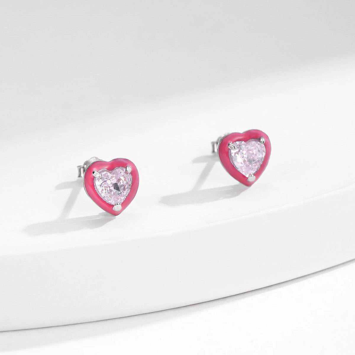 Multicolor Enamel Earrings 925 Sterling Silver Luxury Heart Oval Crushed Ice Cut CZ Stud Earrings for Women Fine Jewelry