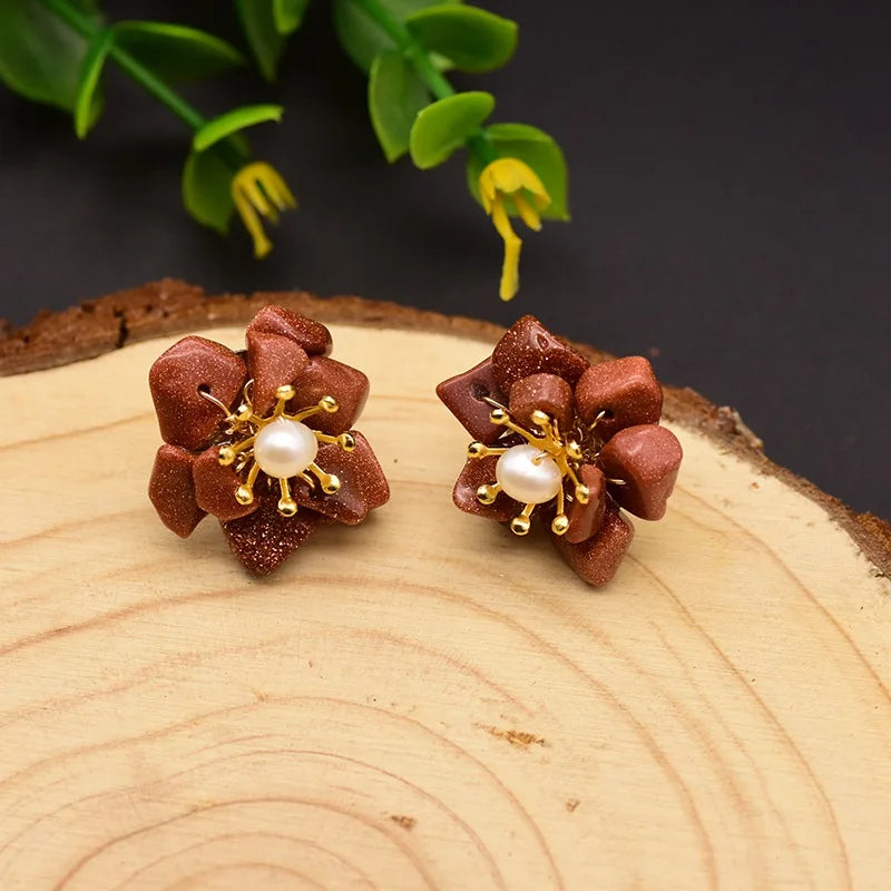 New Jewelry Yiwu Wholesale Natural Baroque Pearl Stud for Women Flower Earrings Korean Wholesale Bulk 18K Gold Plated Jewelry