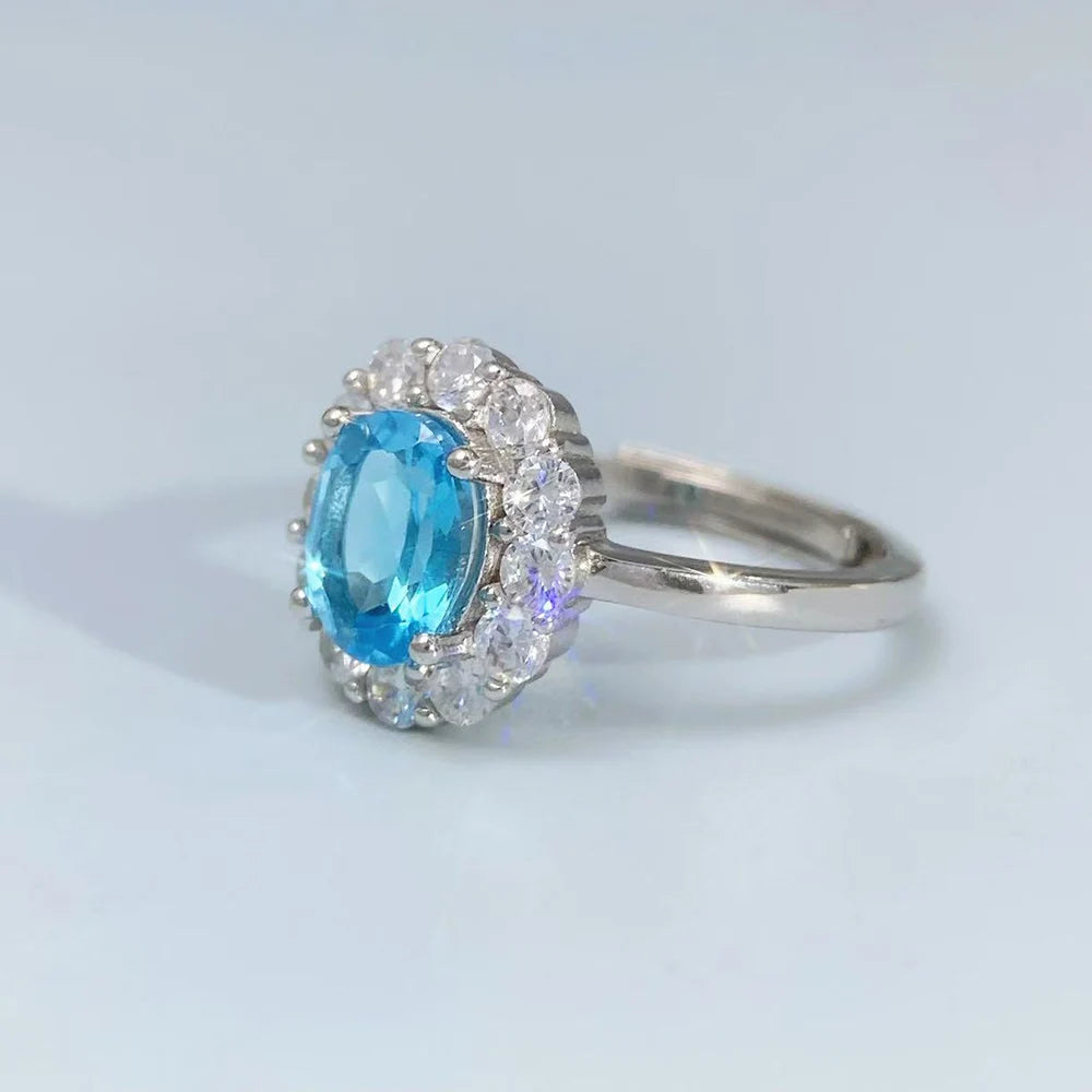 S&S Natural Swiss Blue Topaz Ring – 925 Sterling Silver – CZ Halo – Rhodium Plated – Collection