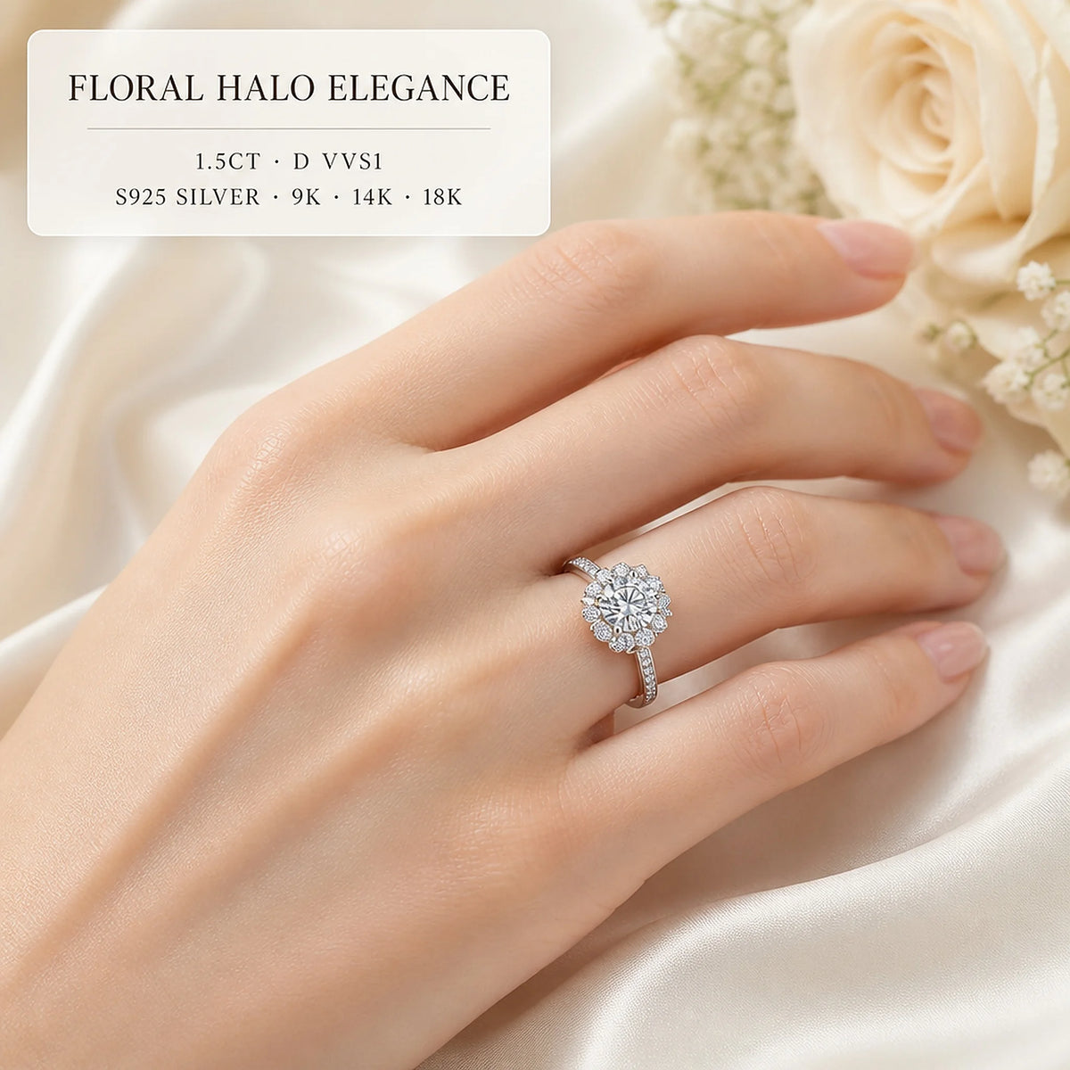 Gioiellieri Floral Petal Halo Round Lab Grown Diamond Ring 1.5Carat D VVS1 Half Pave Shoulders 9K 10K 14K 18K Gold Premium Gift Jewelry