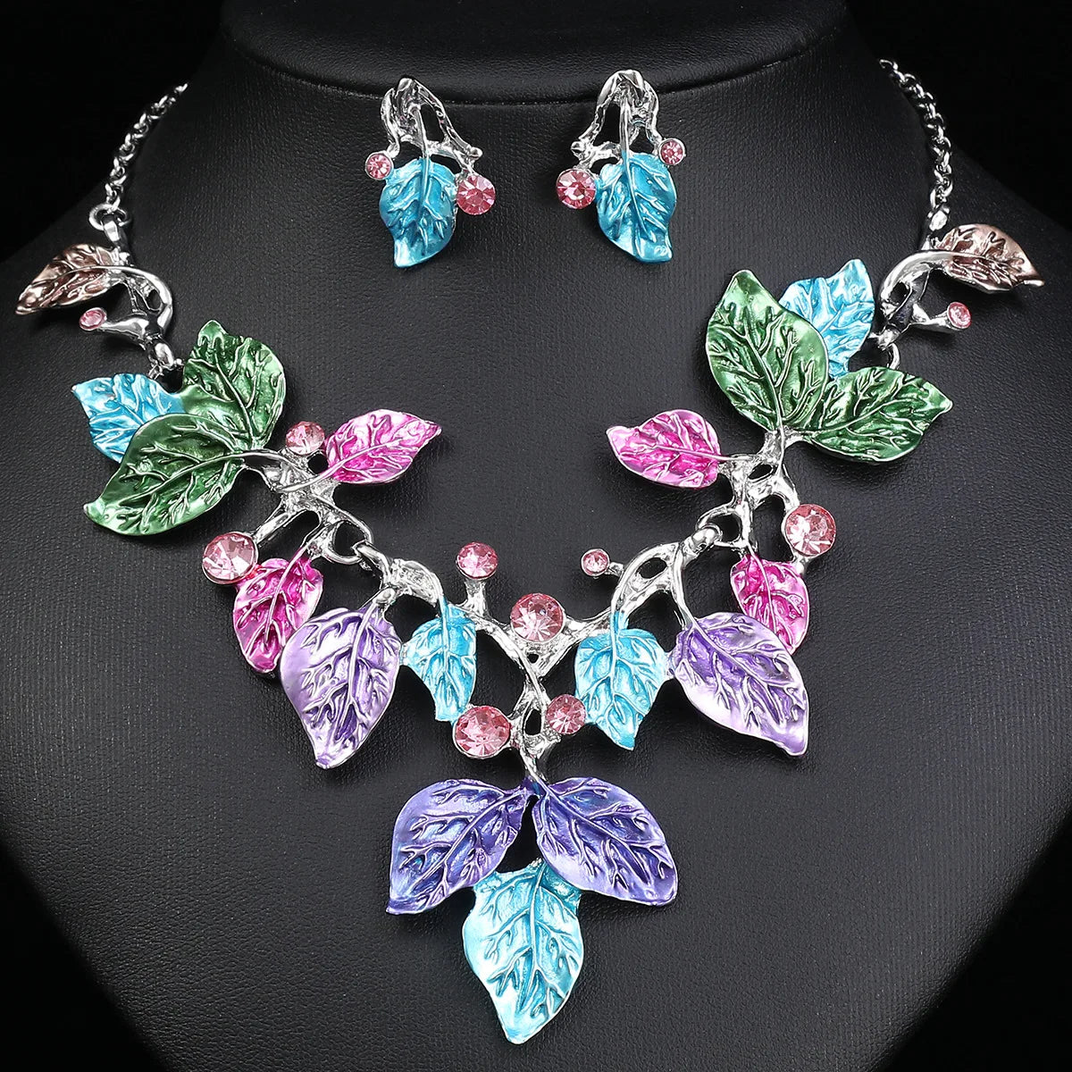 Painted Enamel Leaf Crystal Necklace & Earrings Jewellery Set | Colourful Botanical Fashion Set