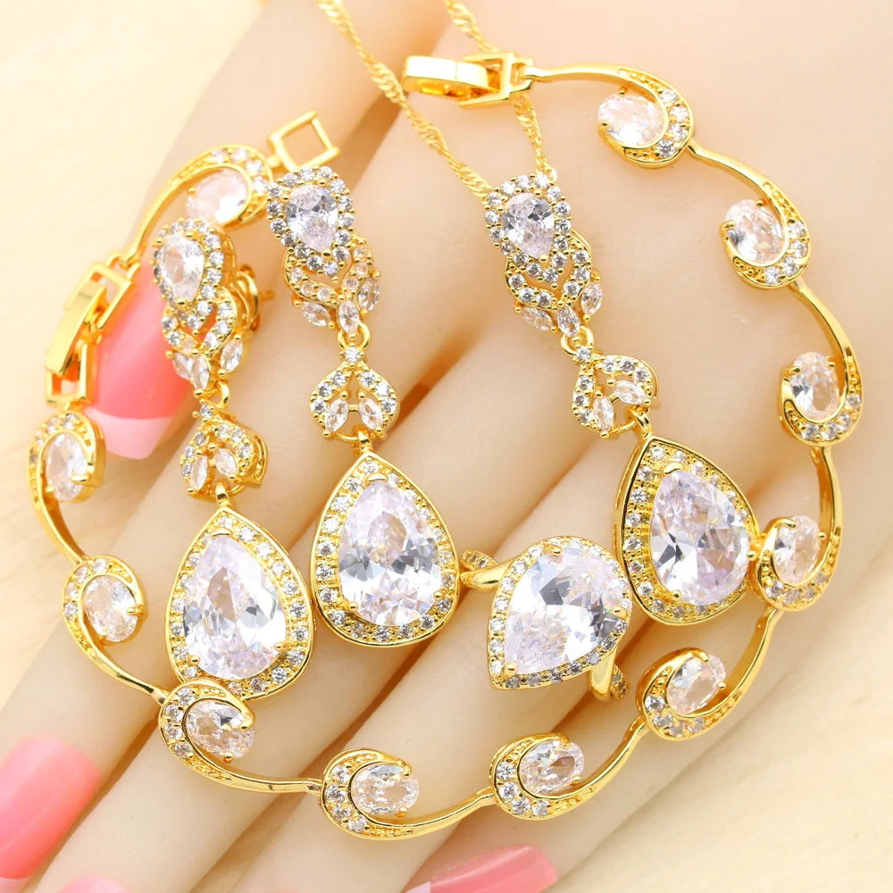 XOTICA 2023 Women's Gold Jewelry Set with White Zircon Wedding Party Engagement Bracelet Earrings Necklace Pendant Ring Gift
