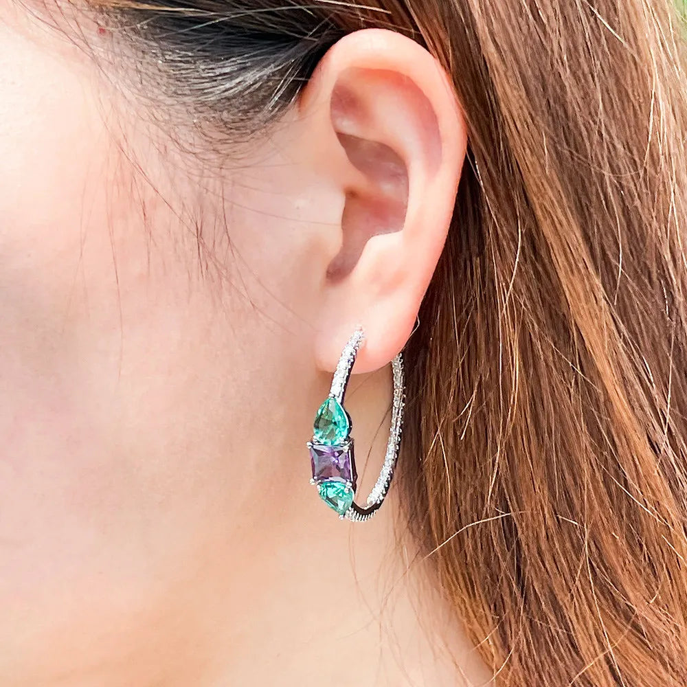 S&S Green & Purple CZ Double-Sided Hoop Earrings – Water Drop & Square – Silver Plated – Collection