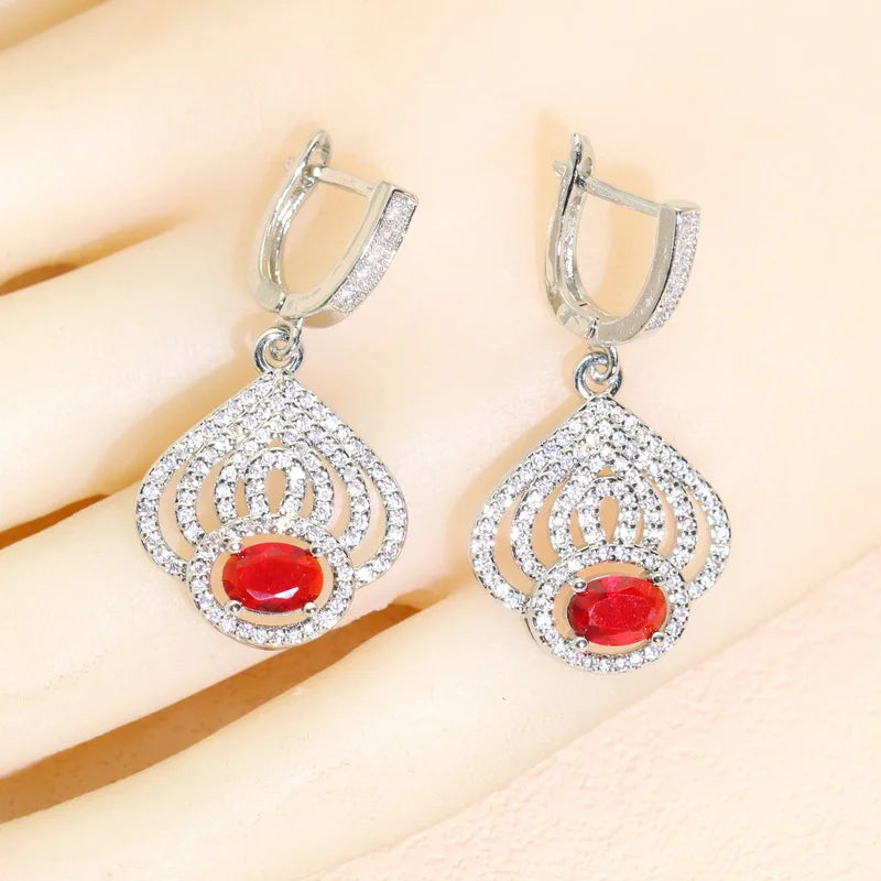 XOTICA 2023 New 925 Sterling Silver Jewelry Set for Women Red Zircon Earrings Bracelet Rings Necklace Pendant for Party Wedding Gift