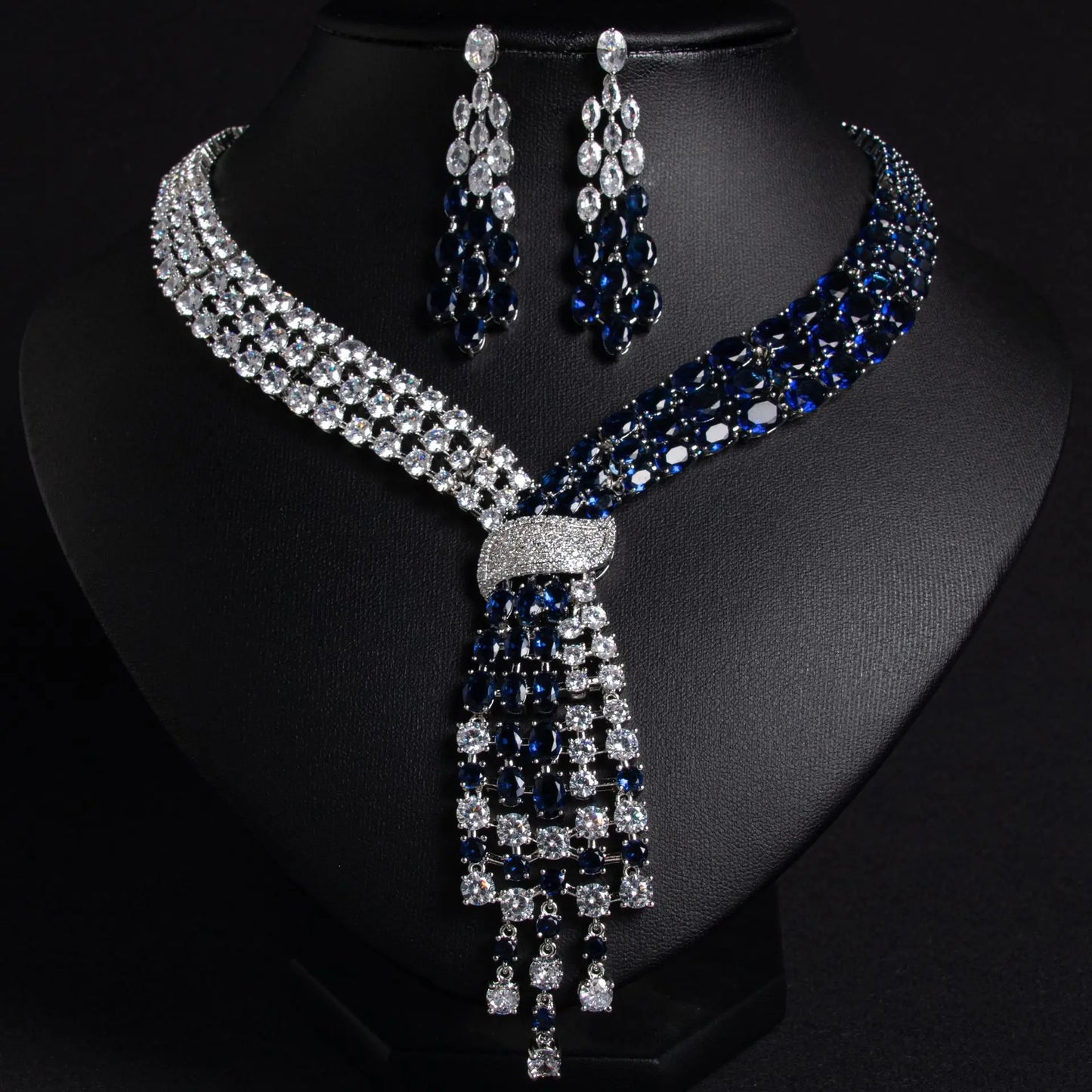 Luxury Oval-Cut Zirconia Dubai & Moroccan Tassel Statement Necklace & Earrings Bridal Set — Gold & Rhodium Plated