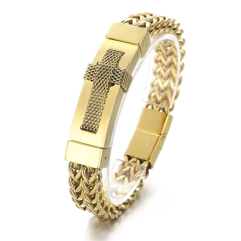 KALEN Men 220mm Silver/Gold/Black Stainless Steel Vintage Herringbone Bracelet With Cross Charm