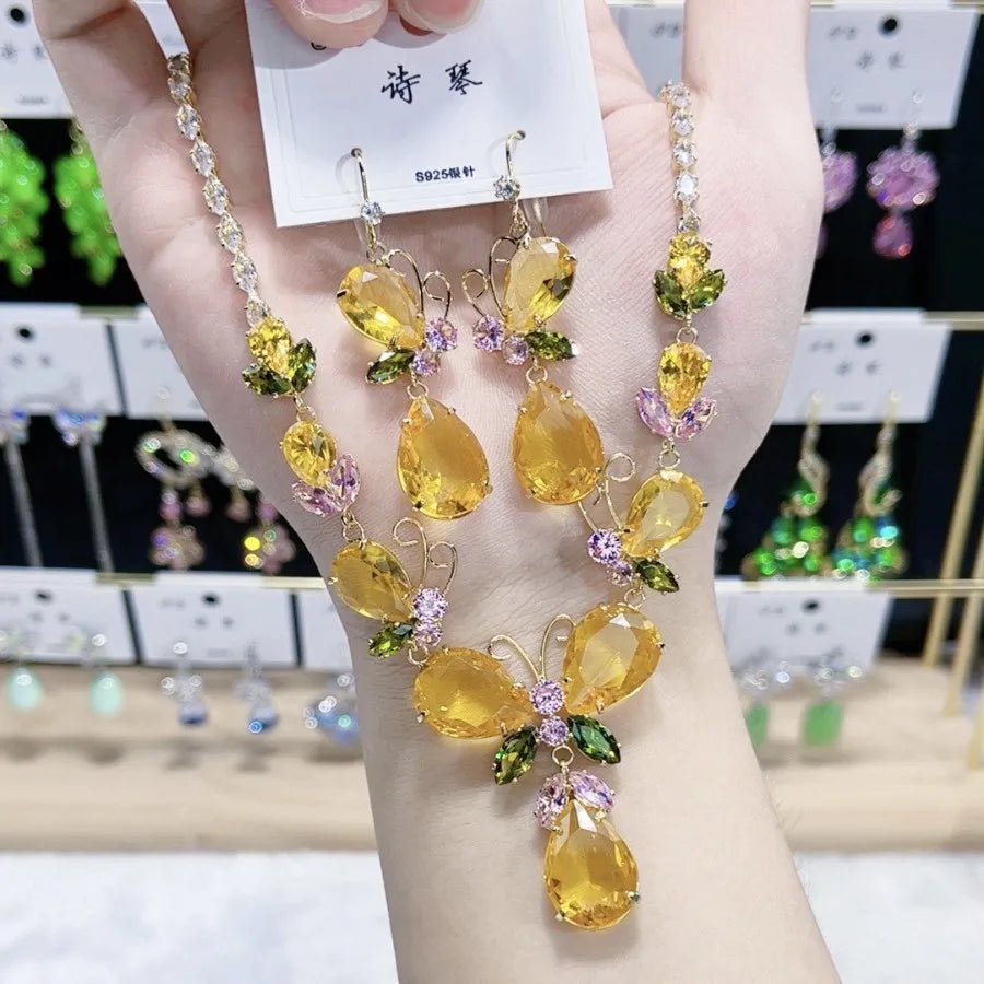 K071 High Quality Women Trendy Luxury Butterfly Yellow Zircon Bridal Necklace Earrings Set Wedding Elegant Jewelry Set