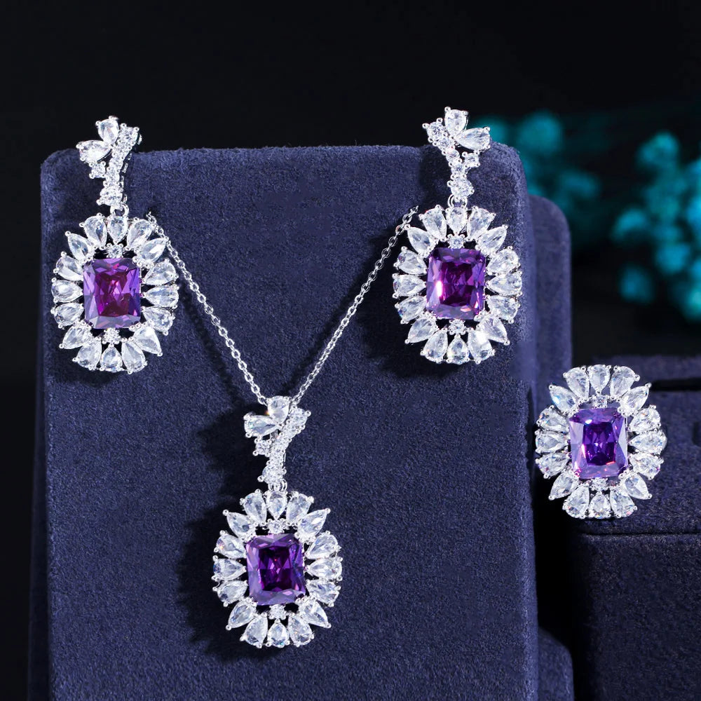S&S Oval CZ 3-Piece Jewellery Set – Necklace, Earrings & Ring – 7 Colours – Collection