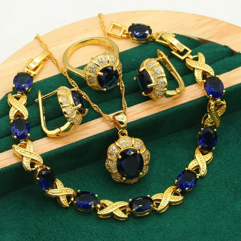 XOTICA Women's Gold Plated Wedding Jewelry Set Green Blue Emerald Including Hoop Earrings Bracelet Pendant Necklace Ring for Parties