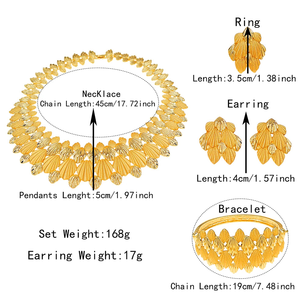 Zhuerrui Gold Plated Fan Leaf Texture Jewelry Set 4pcs Women Necklace Earrings Bracelet Ring for Wedding Evening Party I0073