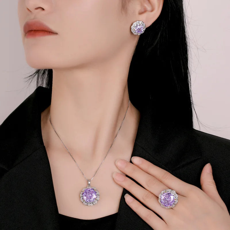 Gemfiori Light Luxury Jewelry Rose Violet Zircon Luxury Three Piece Set Wedding Party Fashion Matching