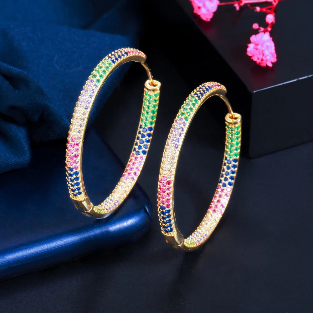 S&S Two-Tone Rainbow CZ Big Round Hoop Earrings – Black Gun & Gold Plated – Collection