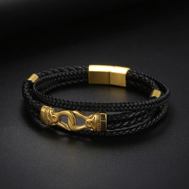 VIKING Mens Vintage Charm Leather Strand Bracelet – Black Stainless Steel