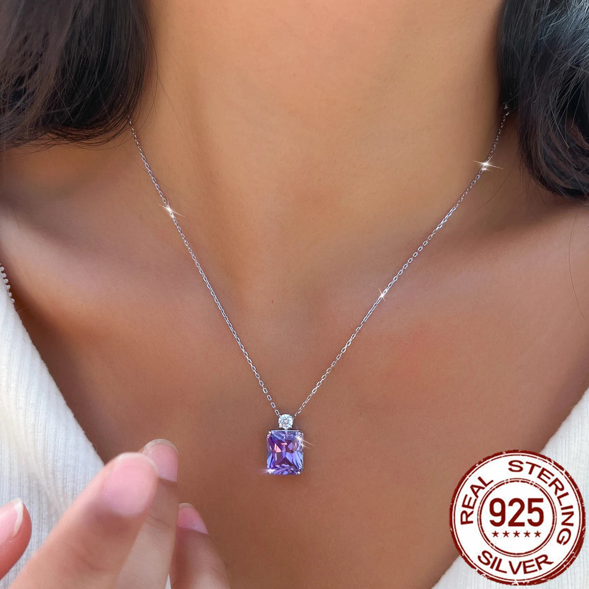 S&S 925 Sterling Silver Purple Baguette CZ Pendant Necklace – Rhodium Plated – Collection