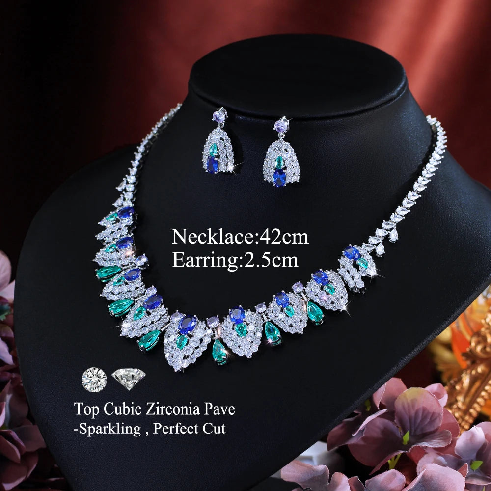 Luxury Brilliant Blue Synthetic Tanzanite Stone and Cubic Zirconia Shield Design Bridal Wedding Party Jewelry Set for Women