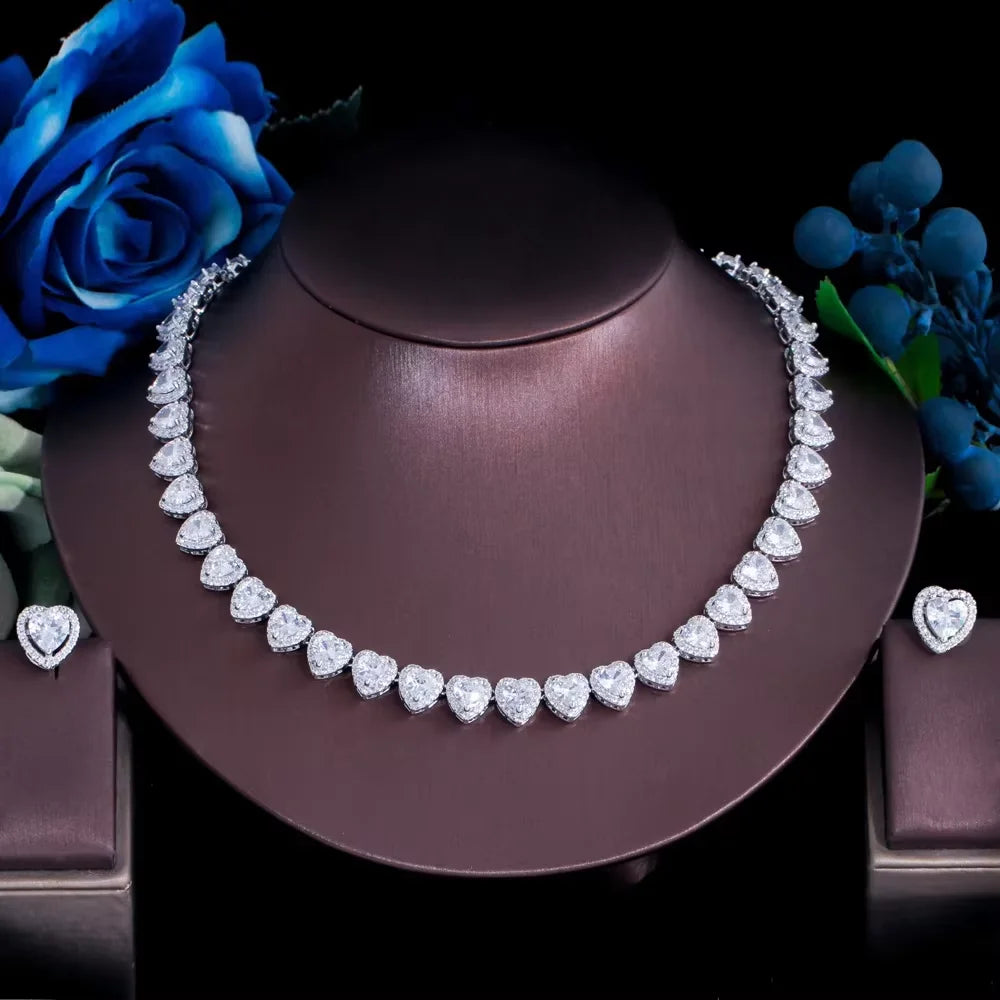 Trendy Jewelry Brass Silver Plated Jewelry Set Pink Iced CZ Ring Earrings Necklace Cuban Tennis Heart Shaped Woman Jewelry Set