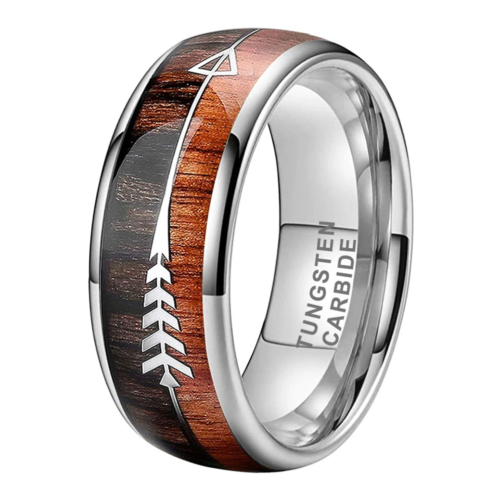Coolstyle Jewelry 8mm Wholesale Dropshipping Koa Wood Arrow Inlay Tungsten Ring for Men Women Fashion Engagement Wedding Band
