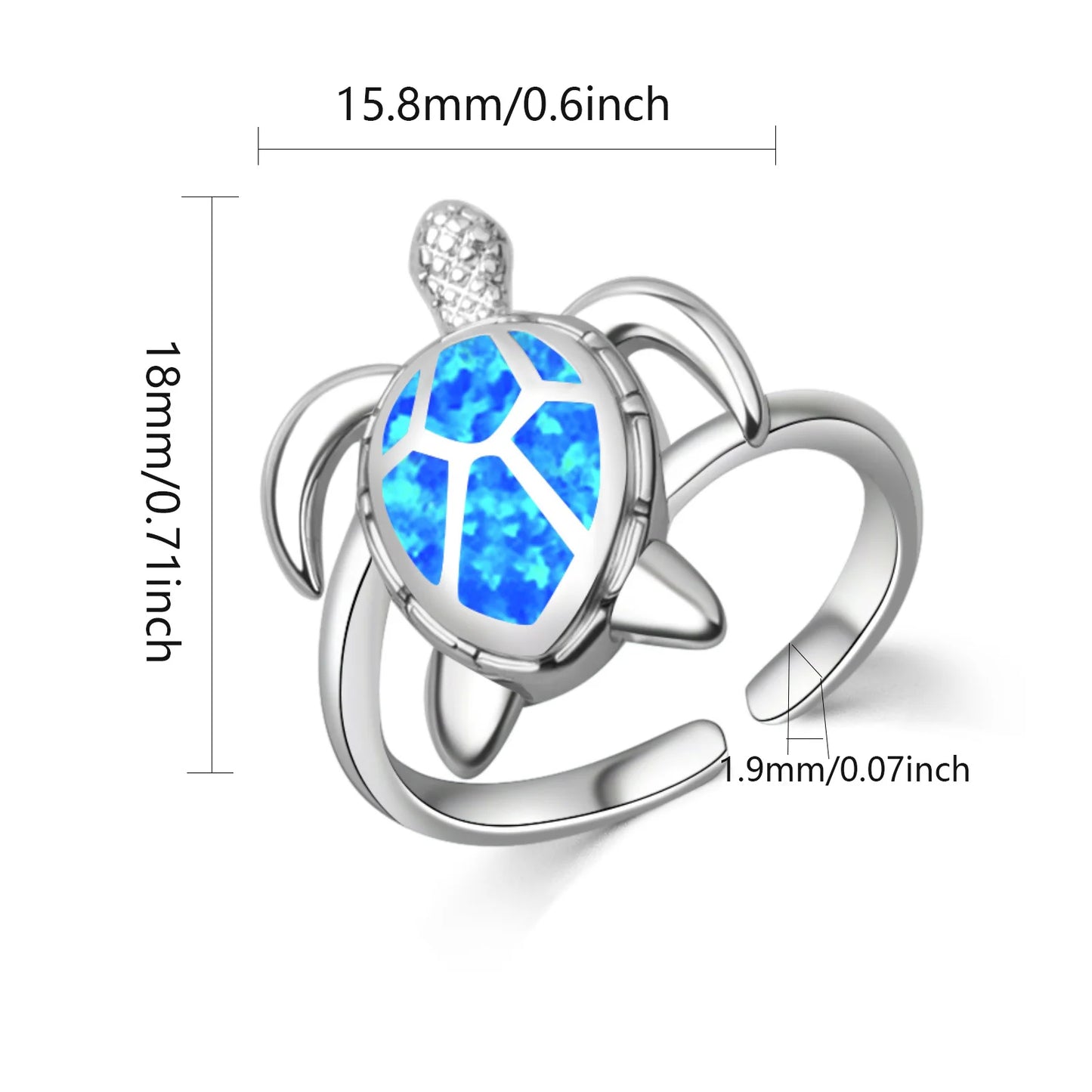 3D Sea Turtle Opal Open Ring | Blue Iridescent Gem & Zircon Accent | Stainless Steel Animal Jewelry for Women Trendy Style