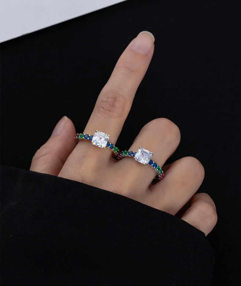 SILVERELLI High Carbon Diamond Ring with Coloured Row Diamond 925 Sterling Silver