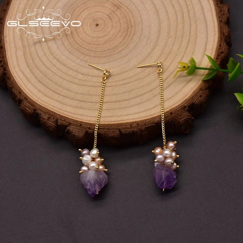 Natural Freshwater Pearl Long Dangle Earrings for Woman Wedding Amethyst 925 Silver Shell Flower Korean Jewelry