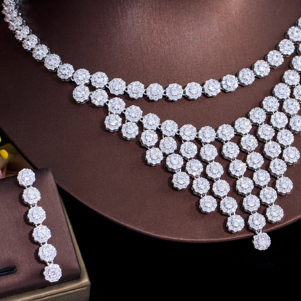 Shiny Round Micro Paved Cubic Zircon CZ Bridal Tennis Necklace and Earring Wedding Luxury Big Jewelry Set for Women Accessories