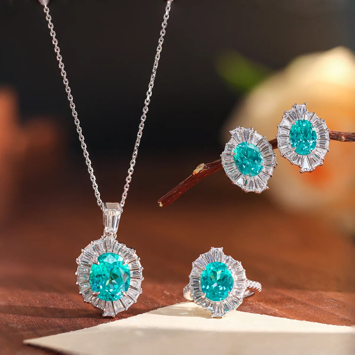 Royal Sky Blue Gemstone Halo Jewelry Set Rhodium Plated S925 Silver Lab Created Paraiba Tourmaline Wedding Party Statement Piece
