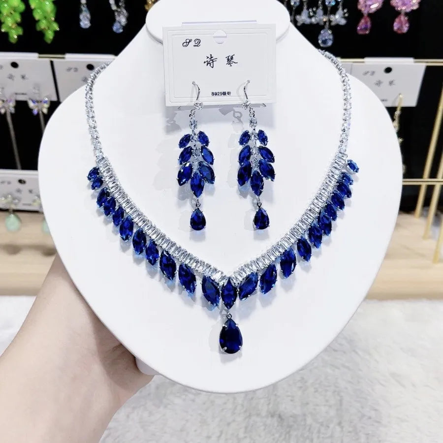 K073 High End Women Trendy Luxury Blue Water Drop Zircon Bridal Necklace Earrings Set Wedding Elegant Jewelry Set