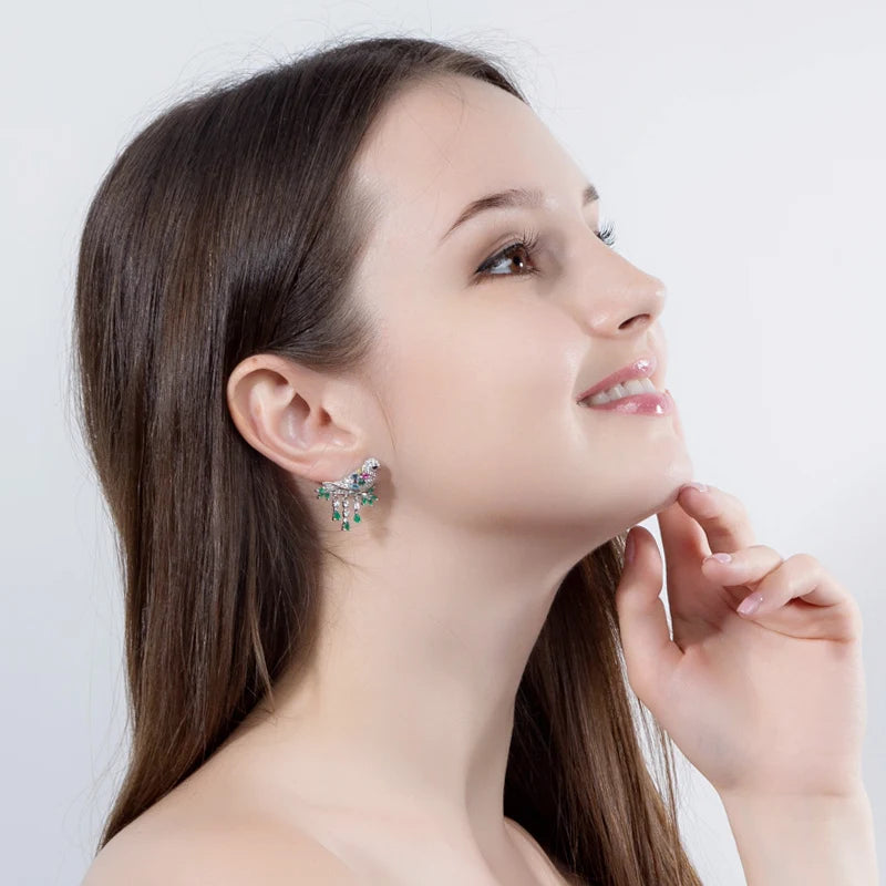 S&S 3D Green CZ Bird Dangle Drop Earrings | Lucky Animal Jewellery | NewLife