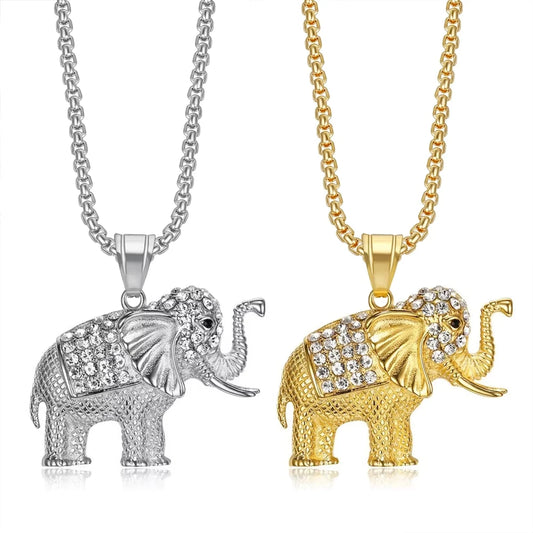 Hip Hop Animal Elephant Cubic Zirconia Waterproof Tarnish Free Stainless Steel Jewelry Pendant Necklaces for Male Man Mens