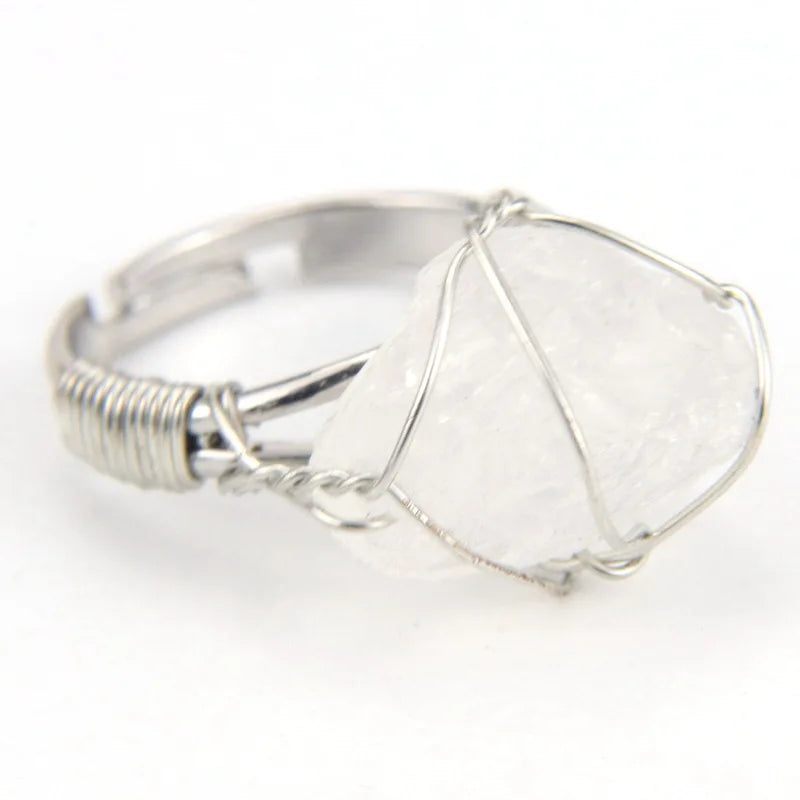 Men Women Large Stone Rings Wire Wrapped Crystal Resizable Gem Ring