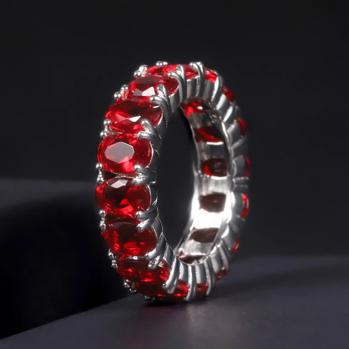 ArtistA C7530 Abiding Oval 4*6MM Colored Gemstone Eternity Band Glass Blue Sapphire Emerald Cubic Zirconia 925 Silver Band Ring