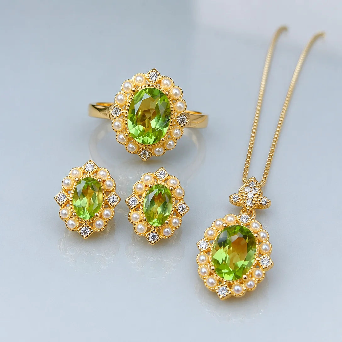 ArtistA Luxury Natural Peridot Jewelry Set with S925 Silver Ring Pendant Earrings for Wedding Anniversary Gift Earth Mined Gemstone