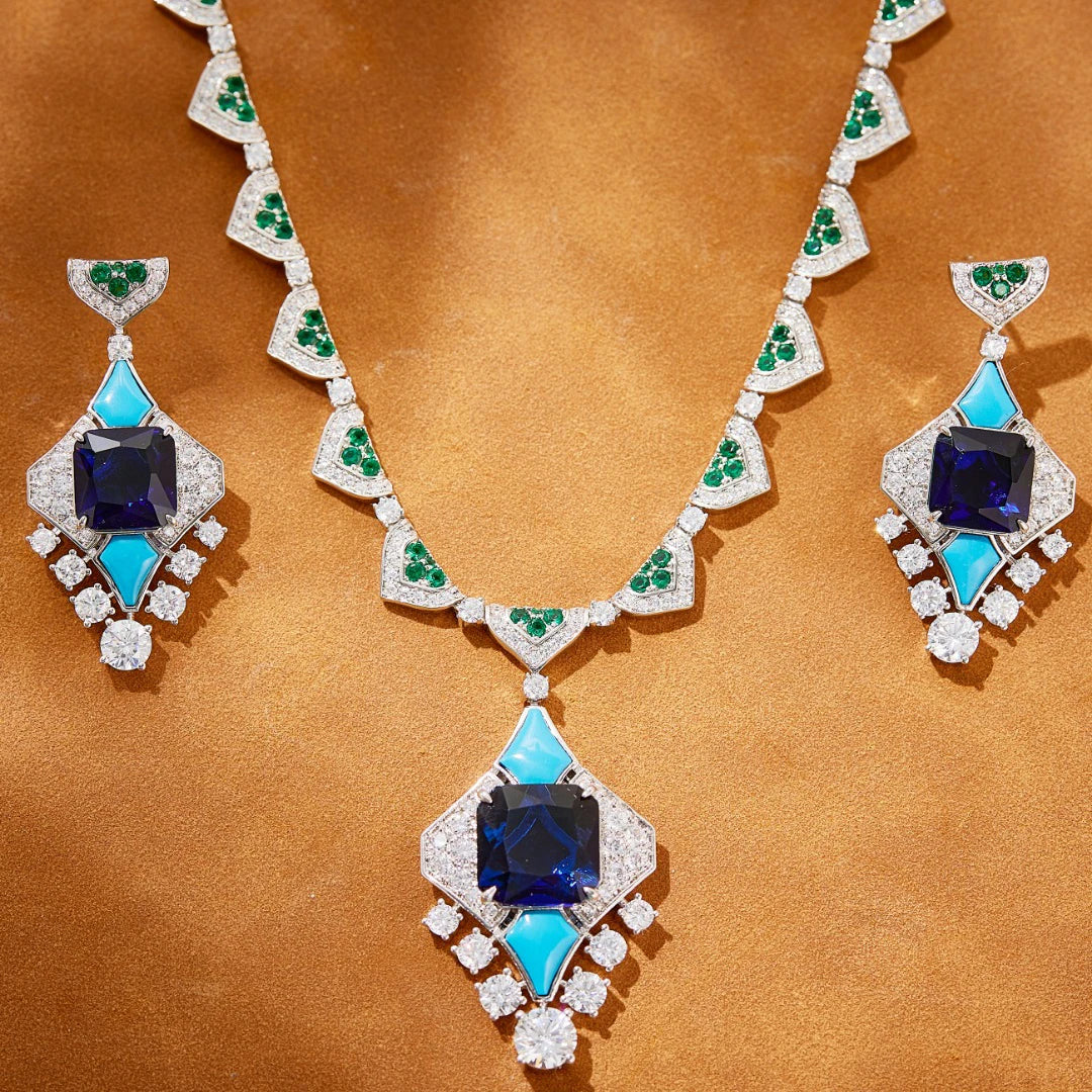 Luxury Blue Turquoise Zirconia Claw-Set Long Chain Pendant Necklace & Earrings Set — Rose Gold & Rhodium Plated