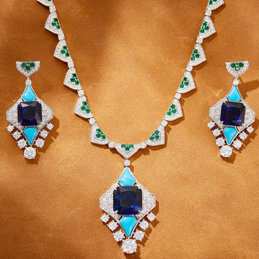 Luxury Blue Turquoise Zirconia Claw-Set Long Chain Pendant Necklace & Earrings Set — Rose Gold & Rhodium Plated